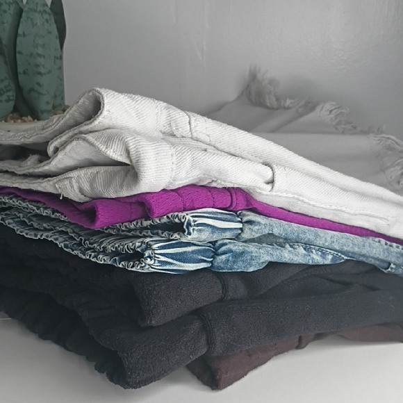 Pants - Mixed Stack of Folded Pants and Jeans - White, Purple, Light Blue, Black